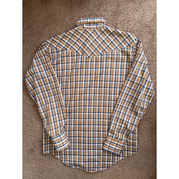Sears Button Up Mens Medium Tan Plaid‎ Western Snap Button Long Sleeve Shirt 80s - Picture 7 of 7